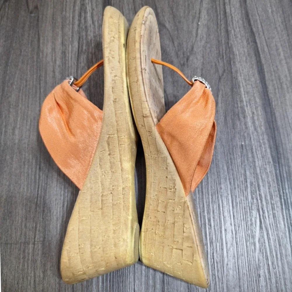 Orange Fabric Rhinestone Thong Wedge Sandals Cork Footbed Made in Italy Size 9